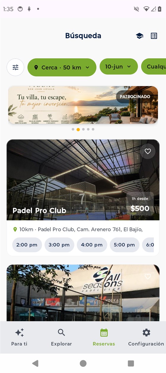 Banner patrocinado en el feed de reservas de CourtBit